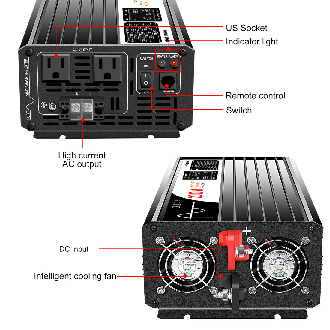 SWIPOWER 2000w pure sine wave power inverter 12v/24v/48v dc to 120v/220V ac remote Bluetooth